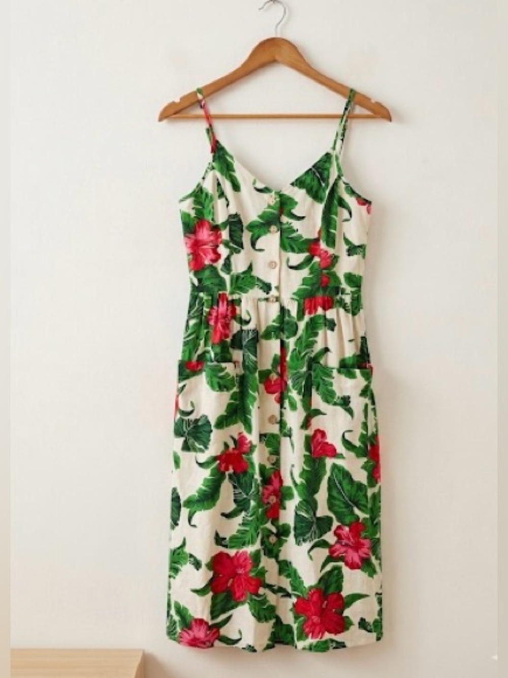 ONE Clothing Linen Blend Tropical Floral Midi Dress Hawaiian Luau Button S